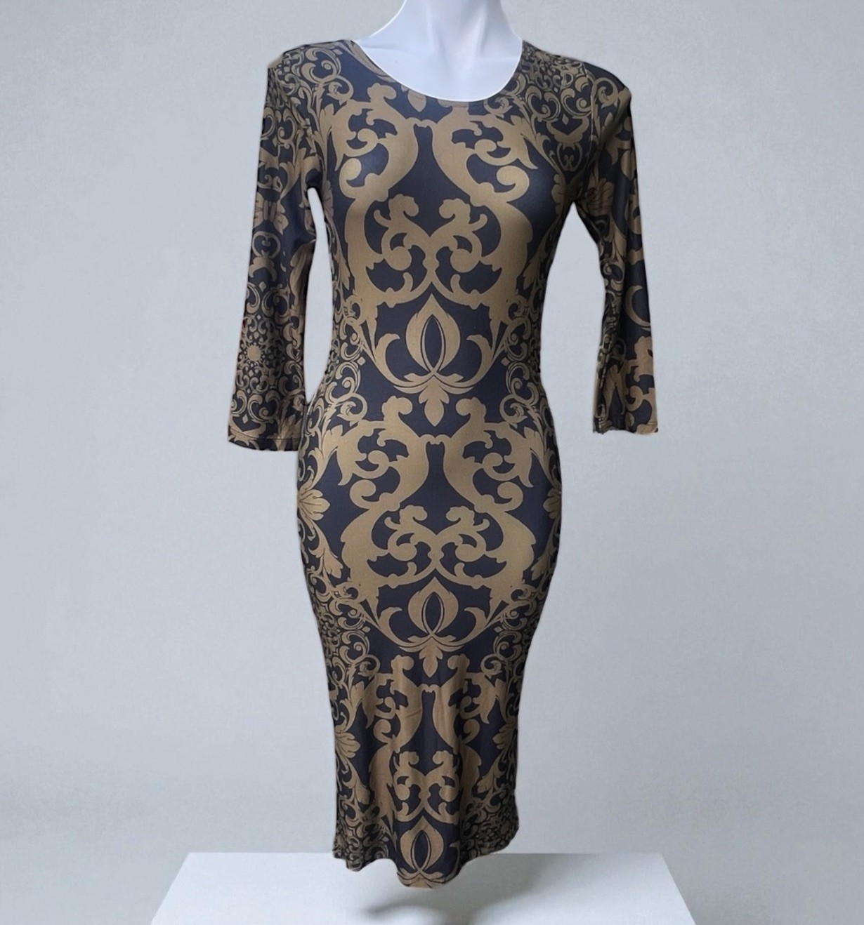 Yelete Gold Black Dress Geo Print 3/4 Sleeve Round Neck Stretchy Size S NWT