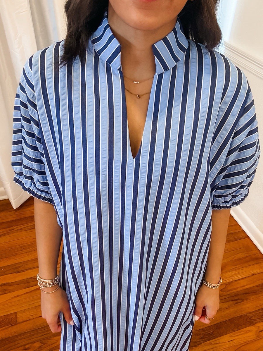 Entro Everyday Ease Seersucker Blue Stripe Dress w/ Stand Collar XL