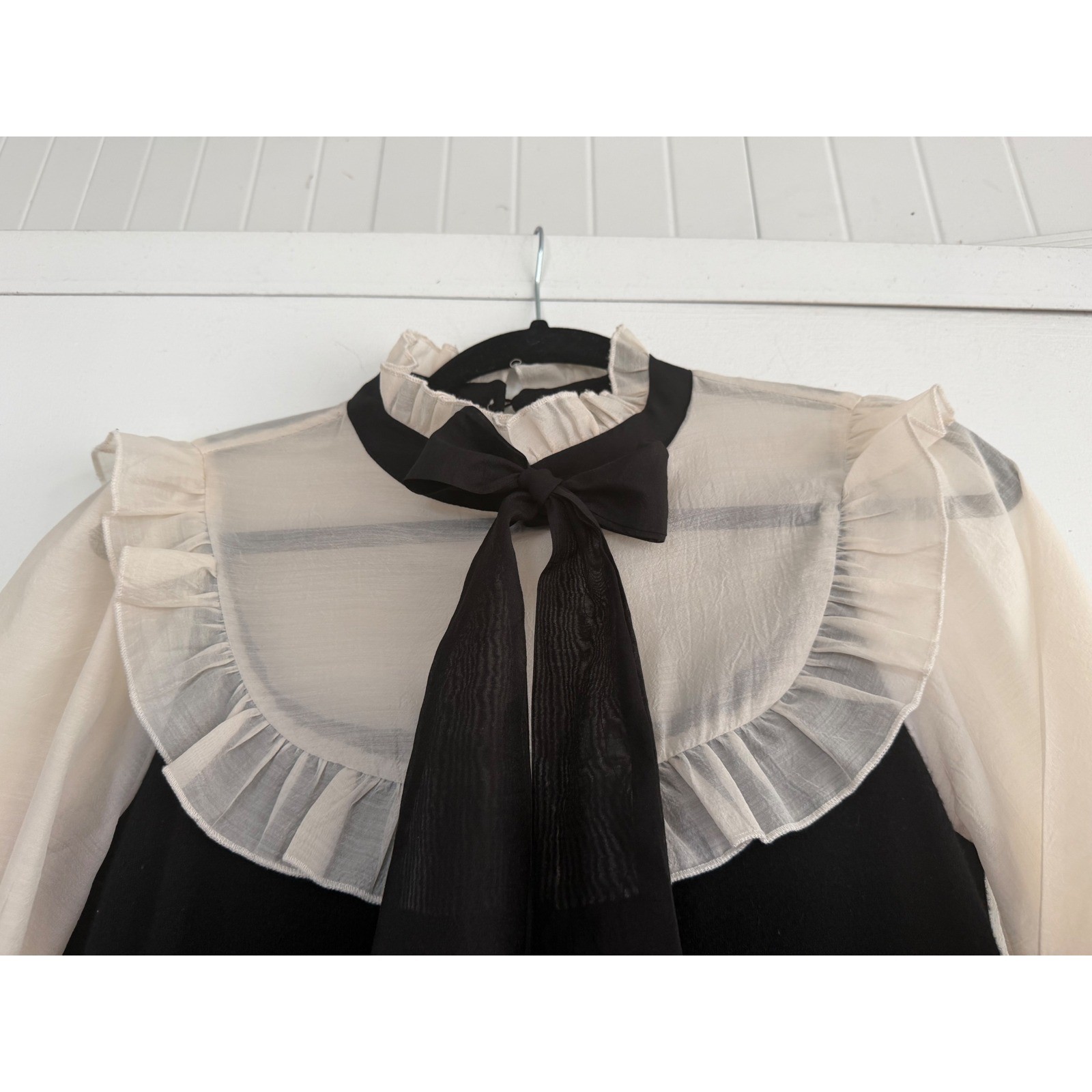 Forever 21 Black & Ivory Sheer Bow Dress Women’s Medium Coquette Dark Academia