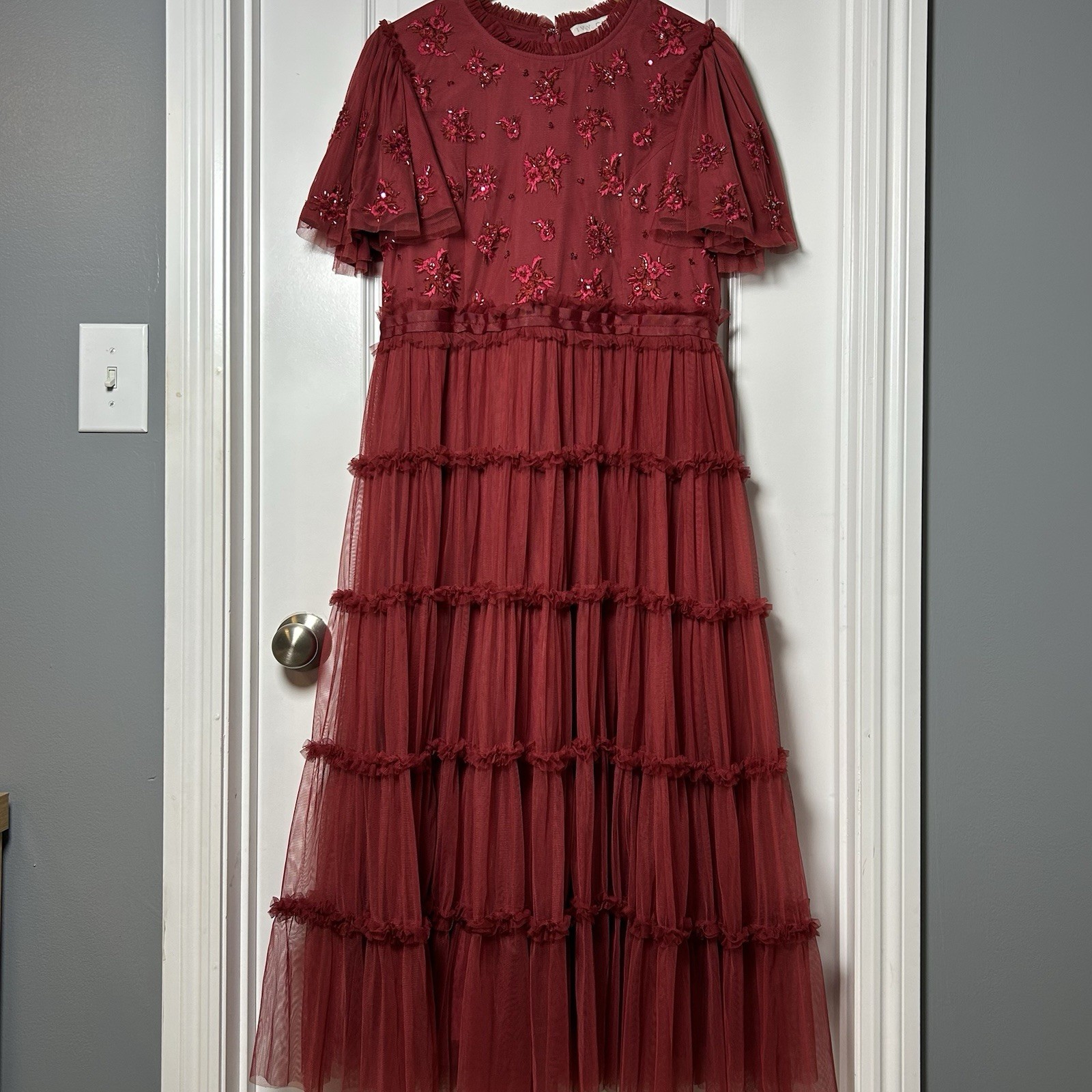 Ivy City Co Dark Red Anastasia Sequin Beaded Tiered Tulle Ruffle Maxi Dress