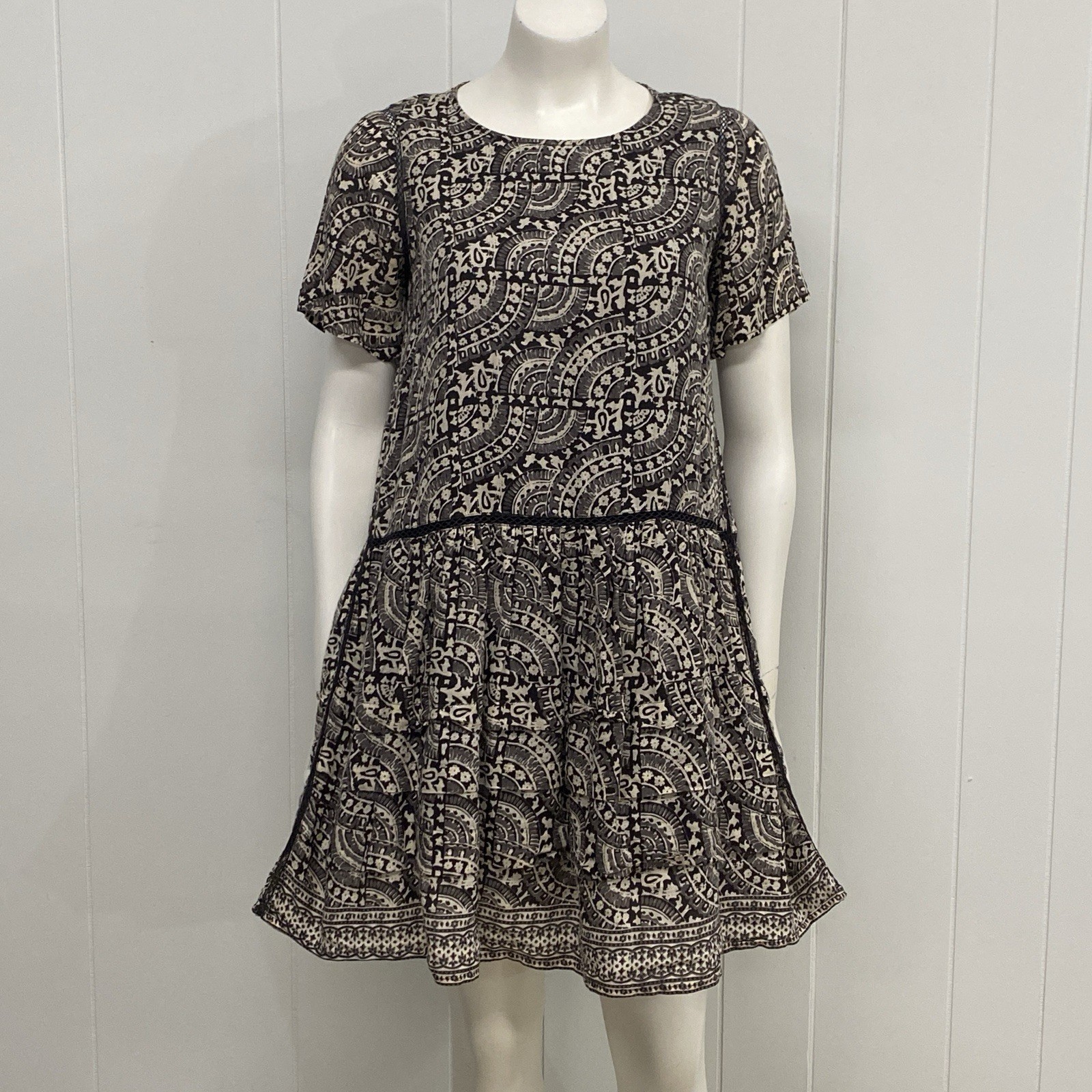 Sea New York Dress Womens 2 Black Ramie Luella Boho Crochet Paisley Short Sleeve