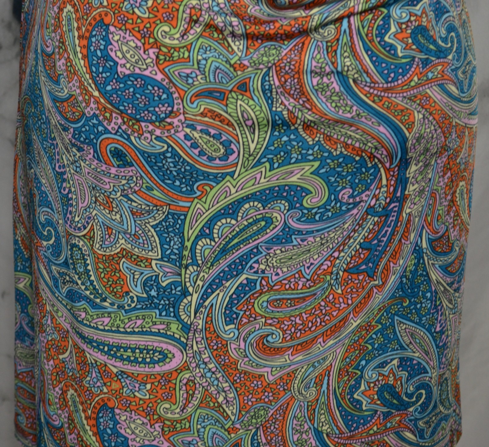 TALIA Teal Orange Lavender Paisley Halter Dress Large Padded Bust Beaded Accent