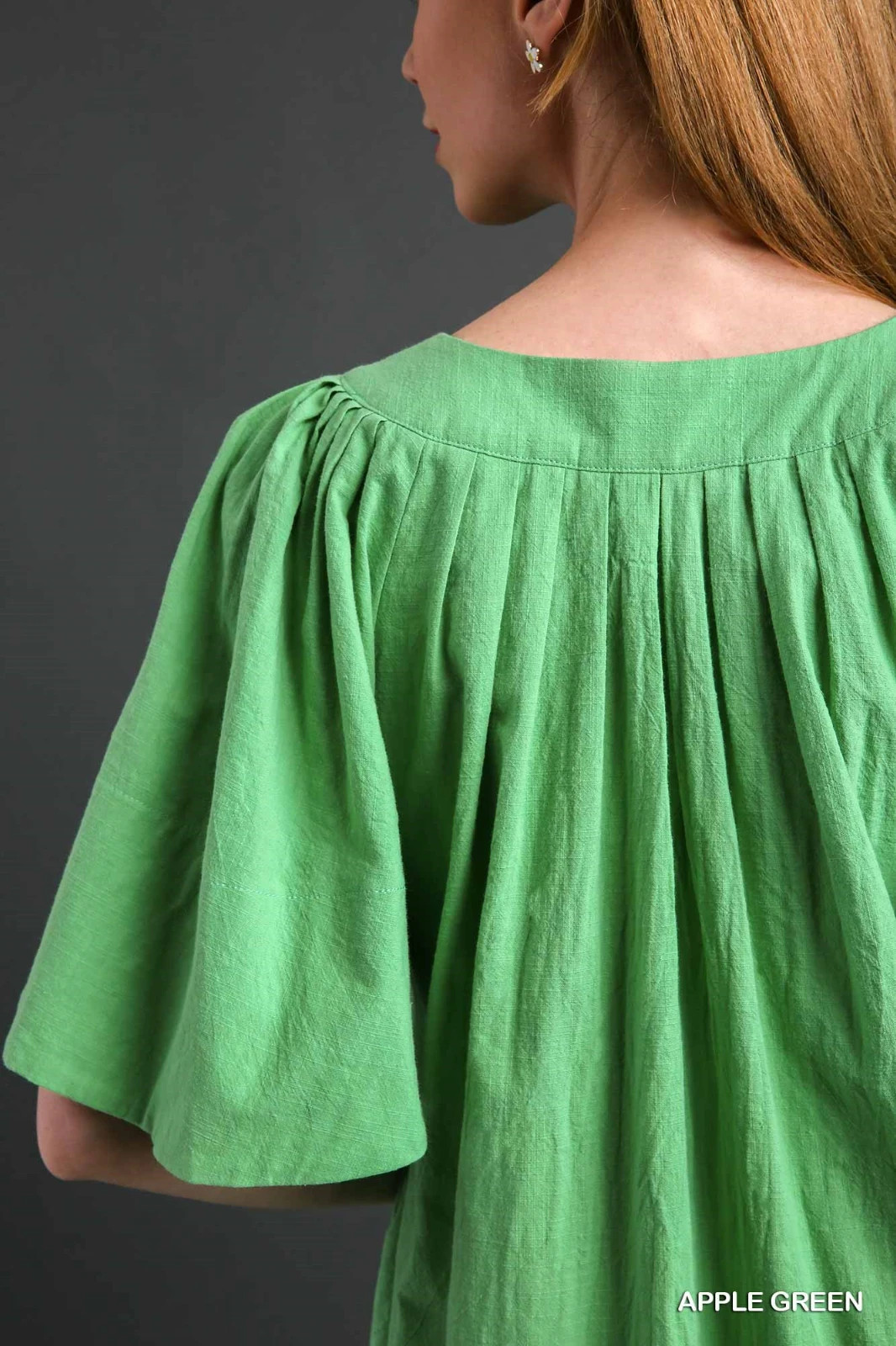 Umgee Apple Green Cotton Short Dress Split V Neck & Short Tulip Sleeves