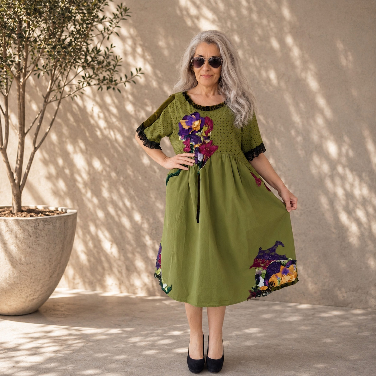 GREEN MIDI SUMMER FLORAL DRESS,XL LOOSE BOHO EMBROIDERED COTTON DRESS,LACE DRESS