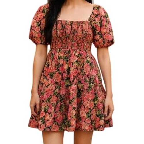 VERY J Floral Print Smocked Square Neck Puff Sleeve Mini Dress Womens Size S