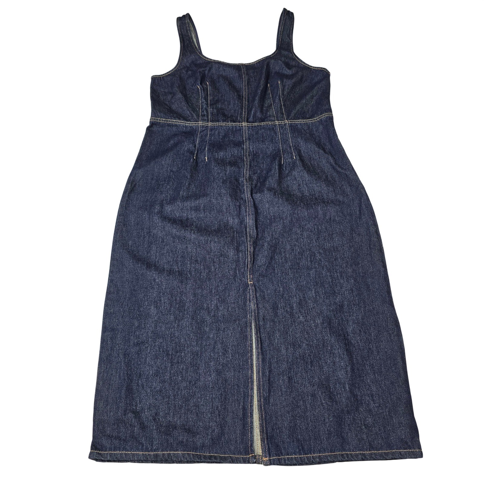 Future Collective Dark Wash Denim Midi Dress Square Neck Smocked Back XL Indigo