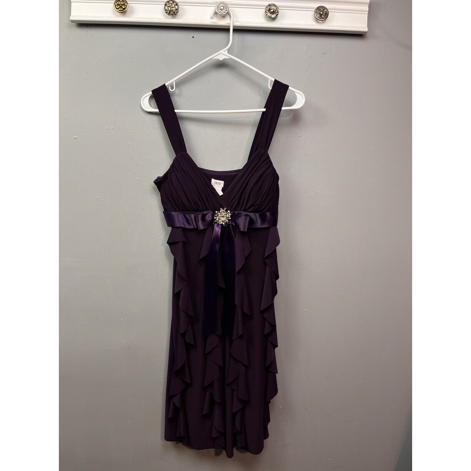 Cache Dress Womens Size 6 Chiffon Purple Ribbon Rhinestone Brooch Bow Cocktail