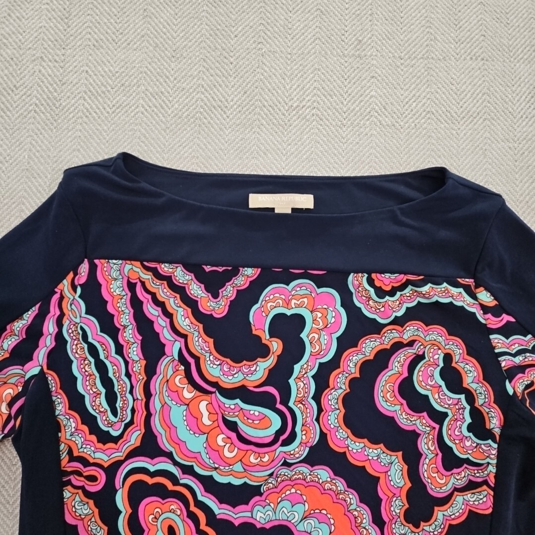 Banana Republic Navy Blue Paisley Sheath Dress Size Medium Stretch Boatneck Knee