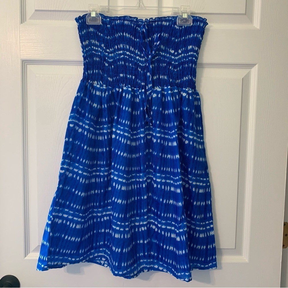 Blue Patterned Strapless Sundress Large Breathable Beachy Cover Lightweight