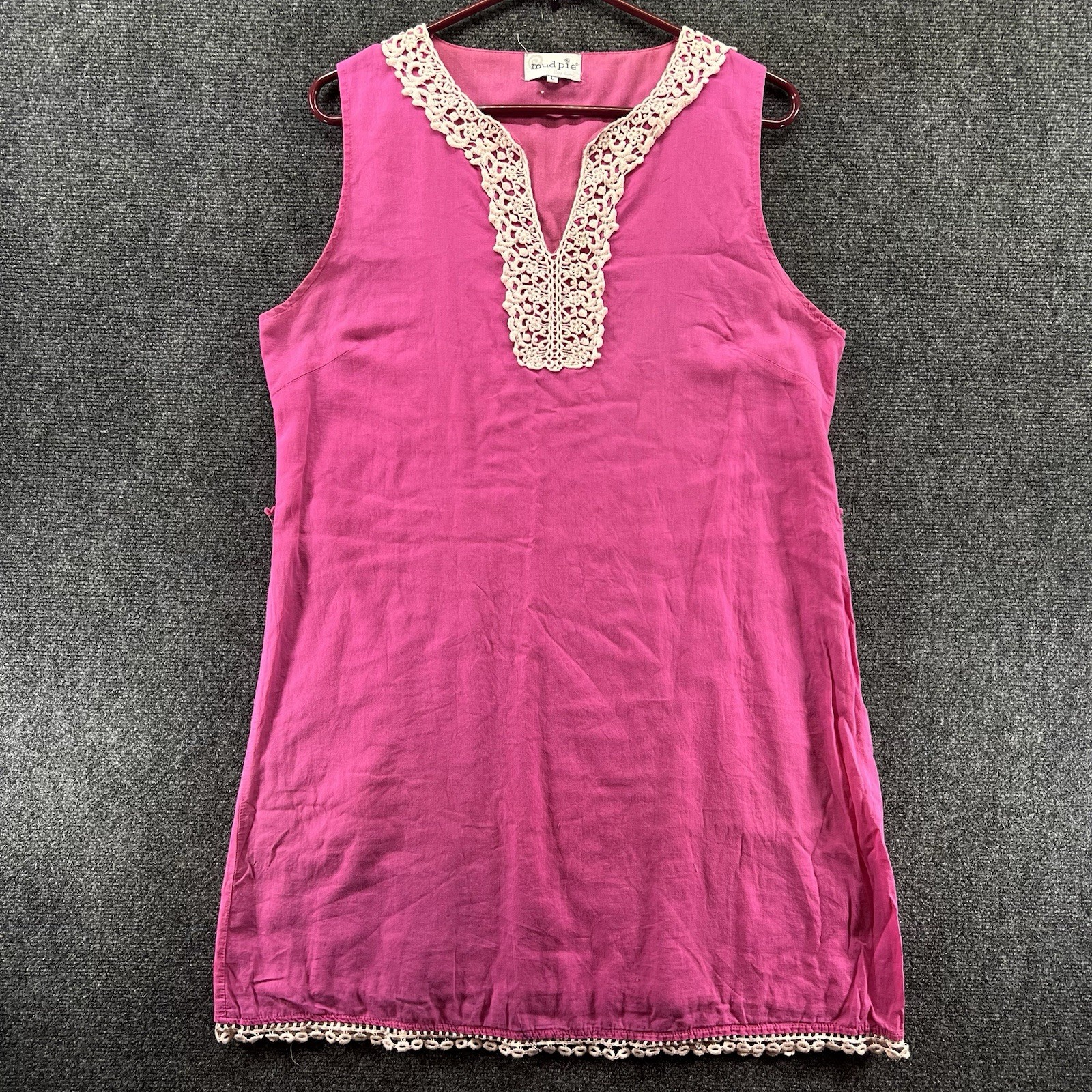 Mud Pie Sleeveless Shift Dress Lg Pink Cream Lace Cotton Coastal Cottage Barbie