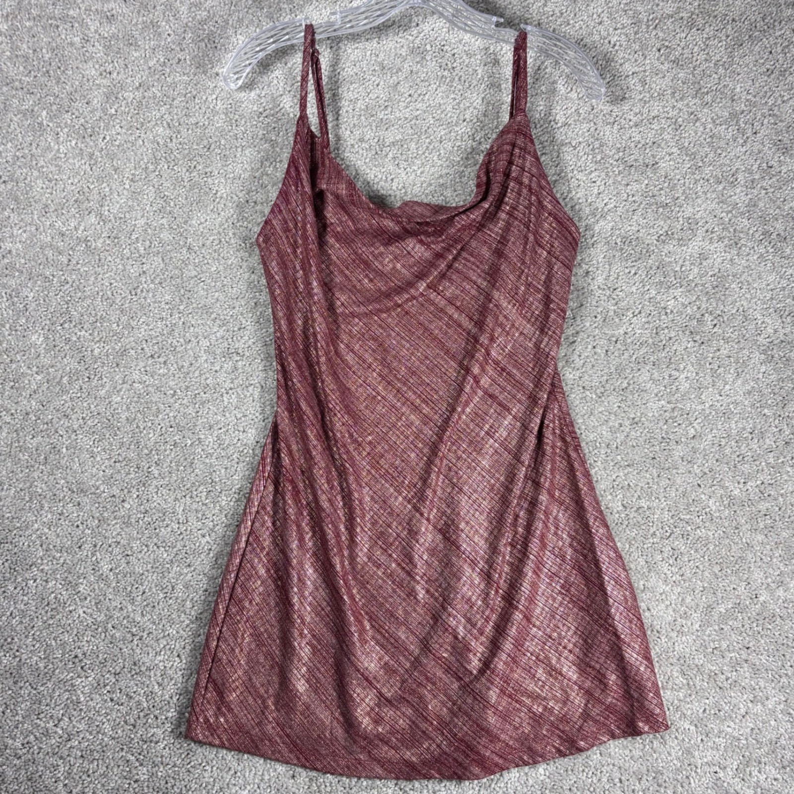 Forever 21 Metallic Striped Cowl Neck Spaghetti Strap Mini Dress Red Gold Size L