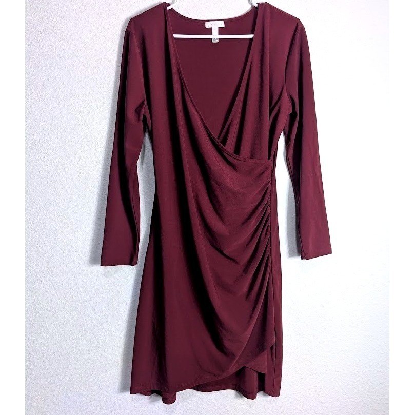 Leith Womens Burgundy Wrap Dress Size L Long Sleeve Ruched V Neck Stretch Midi