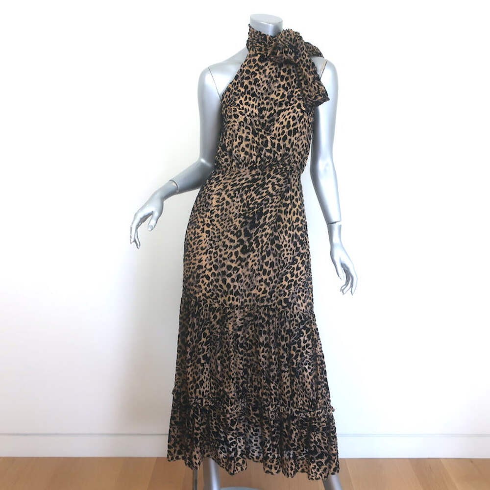 RIXO Eleanor Leopard Burnout Chiffon Midi Dress Brown Silk-Blend Size Small