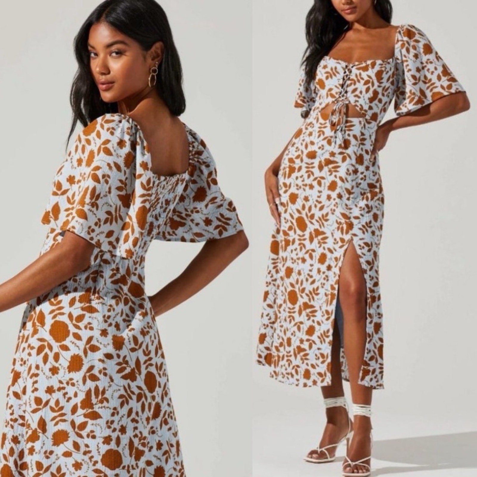 ASTR LACE UP FLUTTER SLEEVE CUT OUT MIDI DRESS BLUE BROWN FLORAL size S