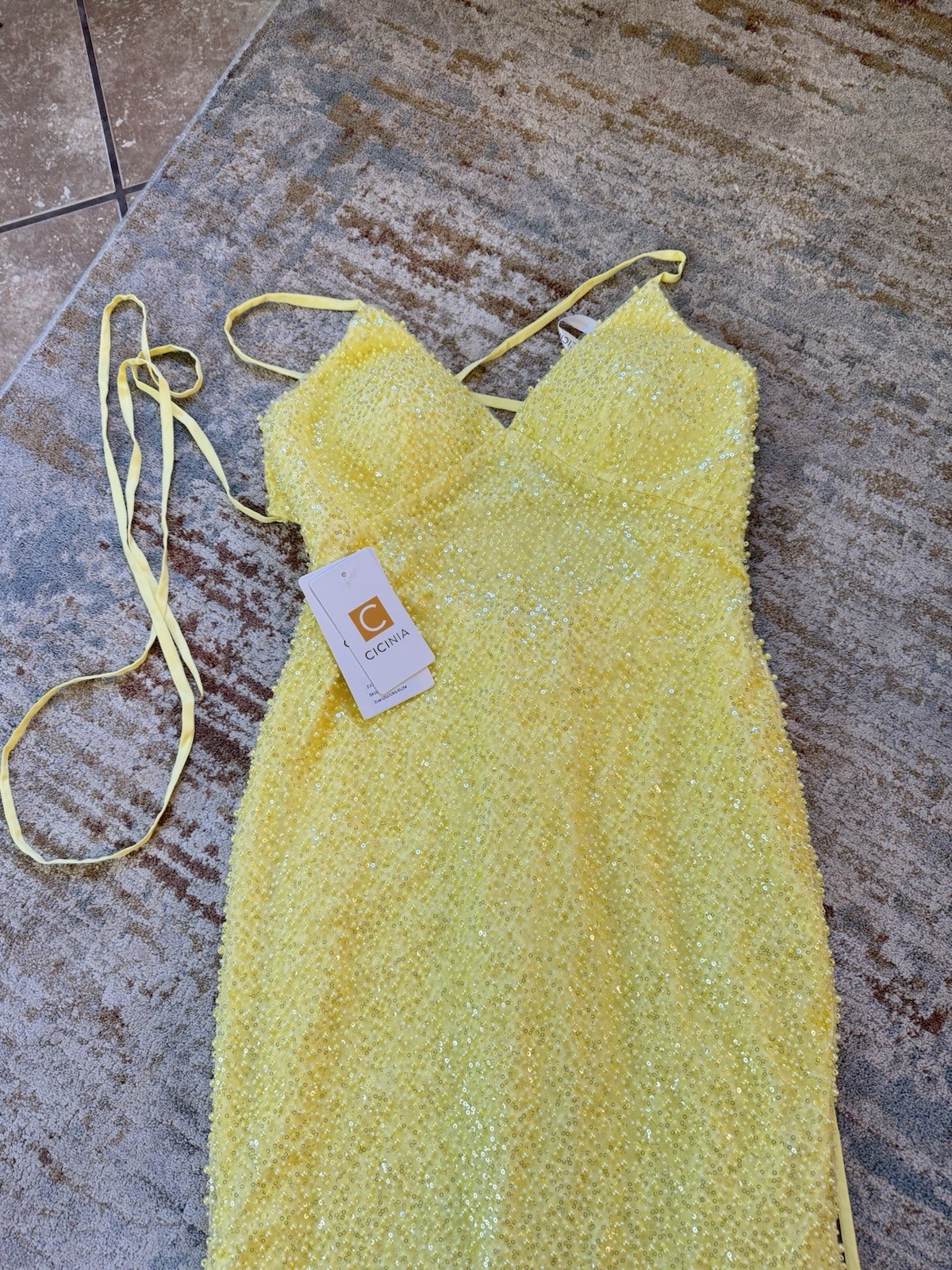 Cicinia V-Neck Daffodil Spaghetti Straps Prom Wedding Sequin Yellow Gown New