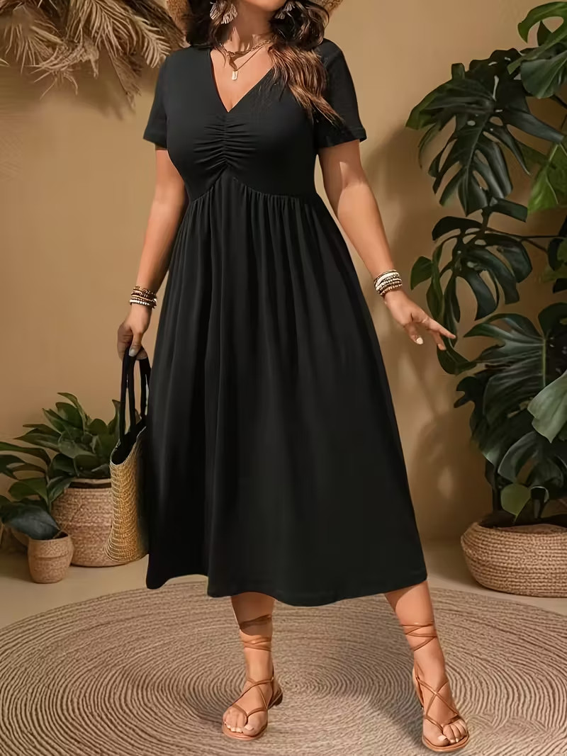 Temu Black Dress, Plus Size Women’s Elegant Casual V-Neck Ruched Short Sleeve