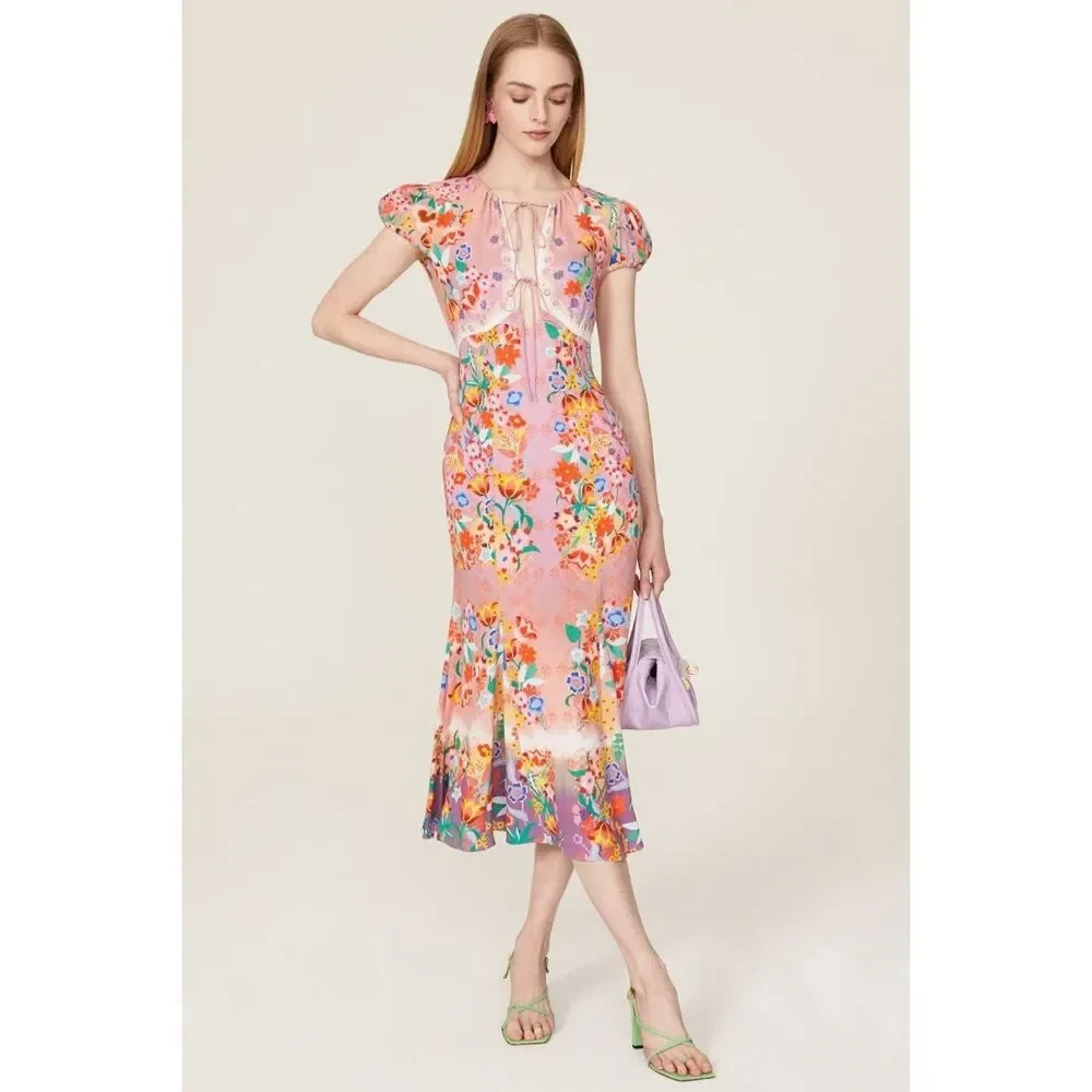 SALONI Sienna Floral Spring Midi Keyhole Ruffle Dress Pink Luxury Size 4