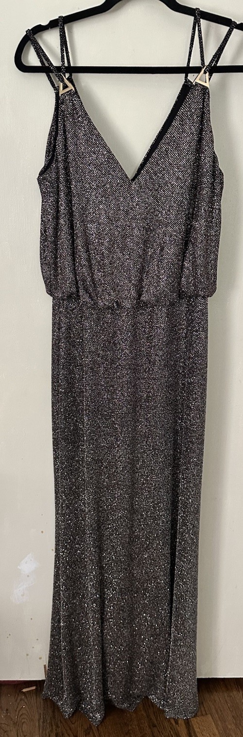 CALVIN KLEIN Sz 12 Maxi Dress Black Gold Brown Sparkles Sleeveless Stretch Knit
