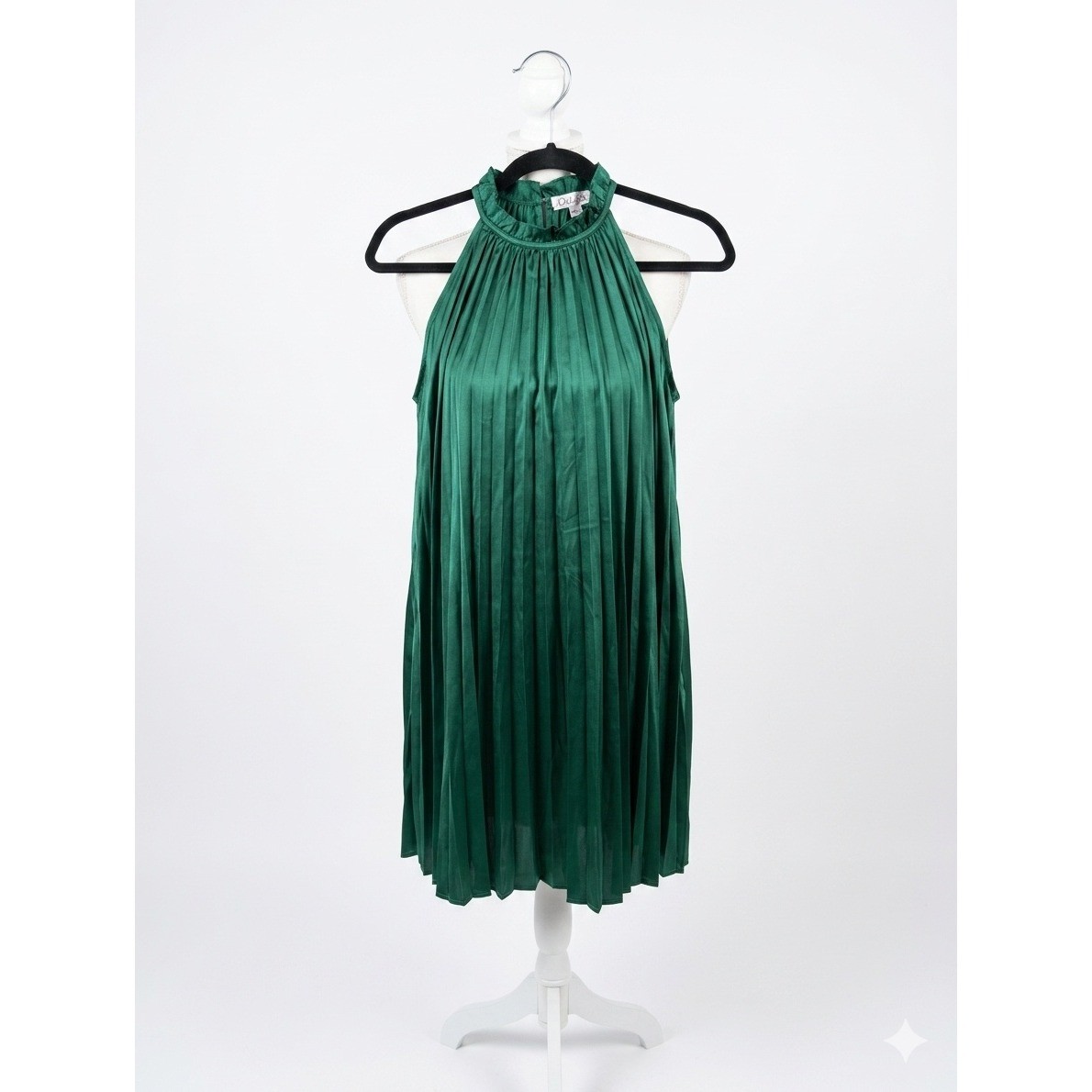 Joy Joy Emerald Green Pleated Satin Halter Mini Dress 70M7523 EMRLD NWT Size S