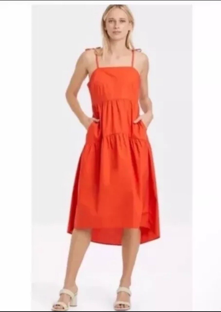 Who What Wear Orange Spaguetti Strap Tier summer Maxi Dress Sz L 100% Cotton