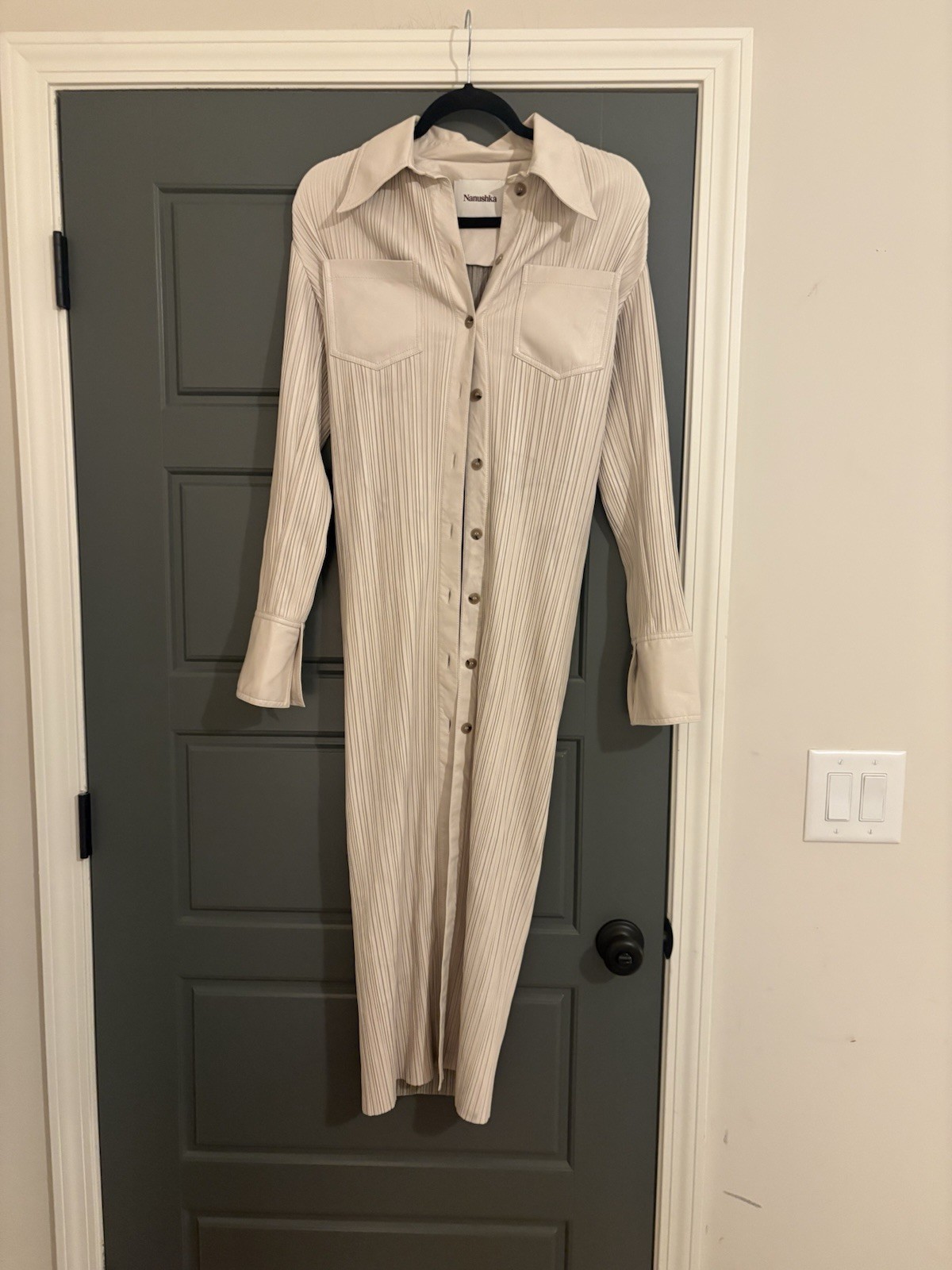 Nanushka Lee Pleated Vegan Leather Shirt Midi Dress Cream XS Made Italy