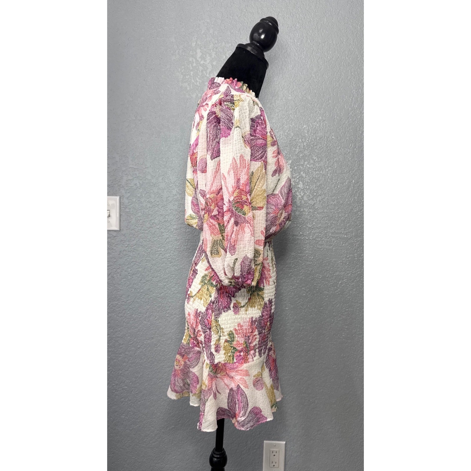 Olivaceous Womens Small Floral Smocked Mini Dress Puff Sleeve Romantic Boho