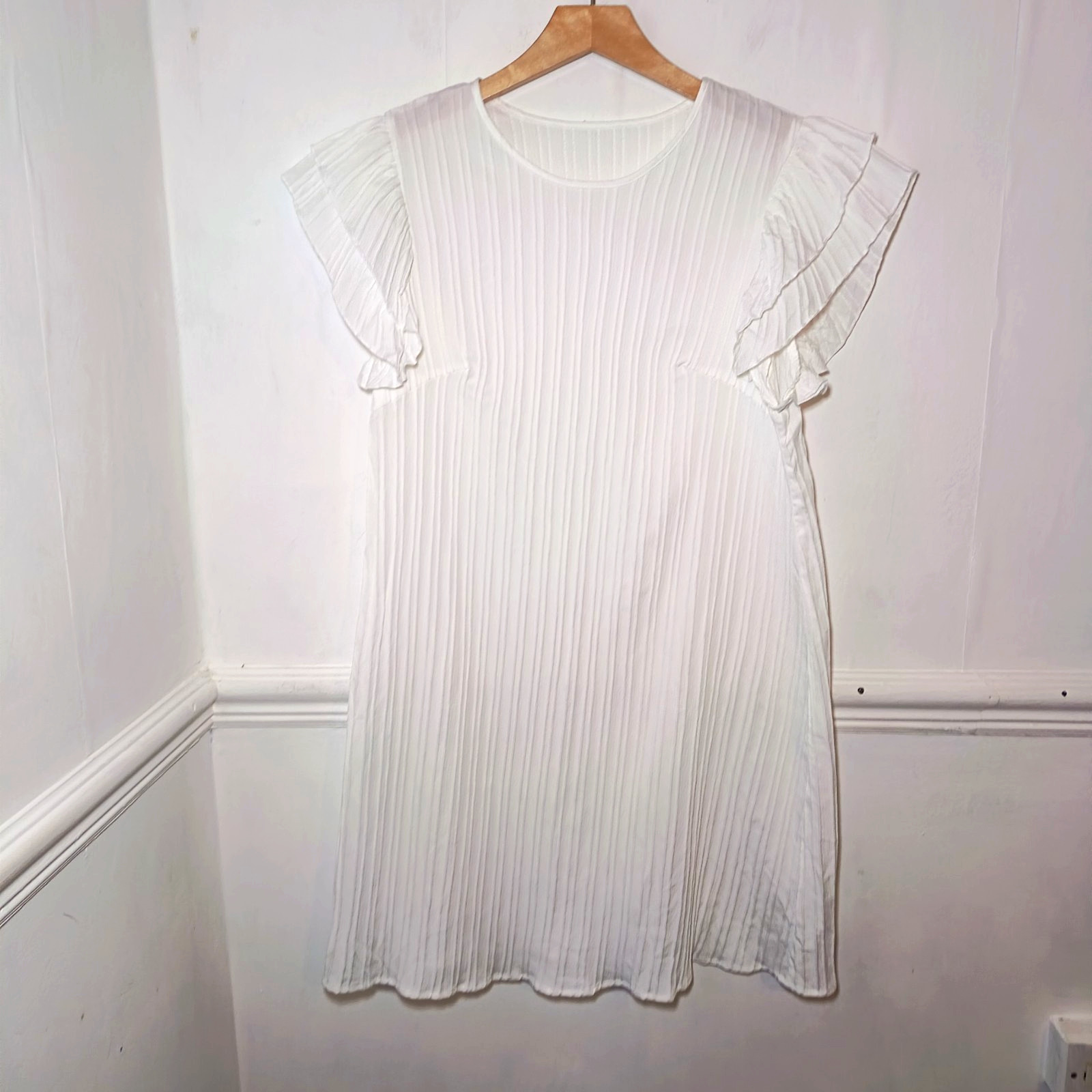 Shein Womens Dress White Size 1XL UK 14 Pleated Ruffle Minimalist Coastal Boho