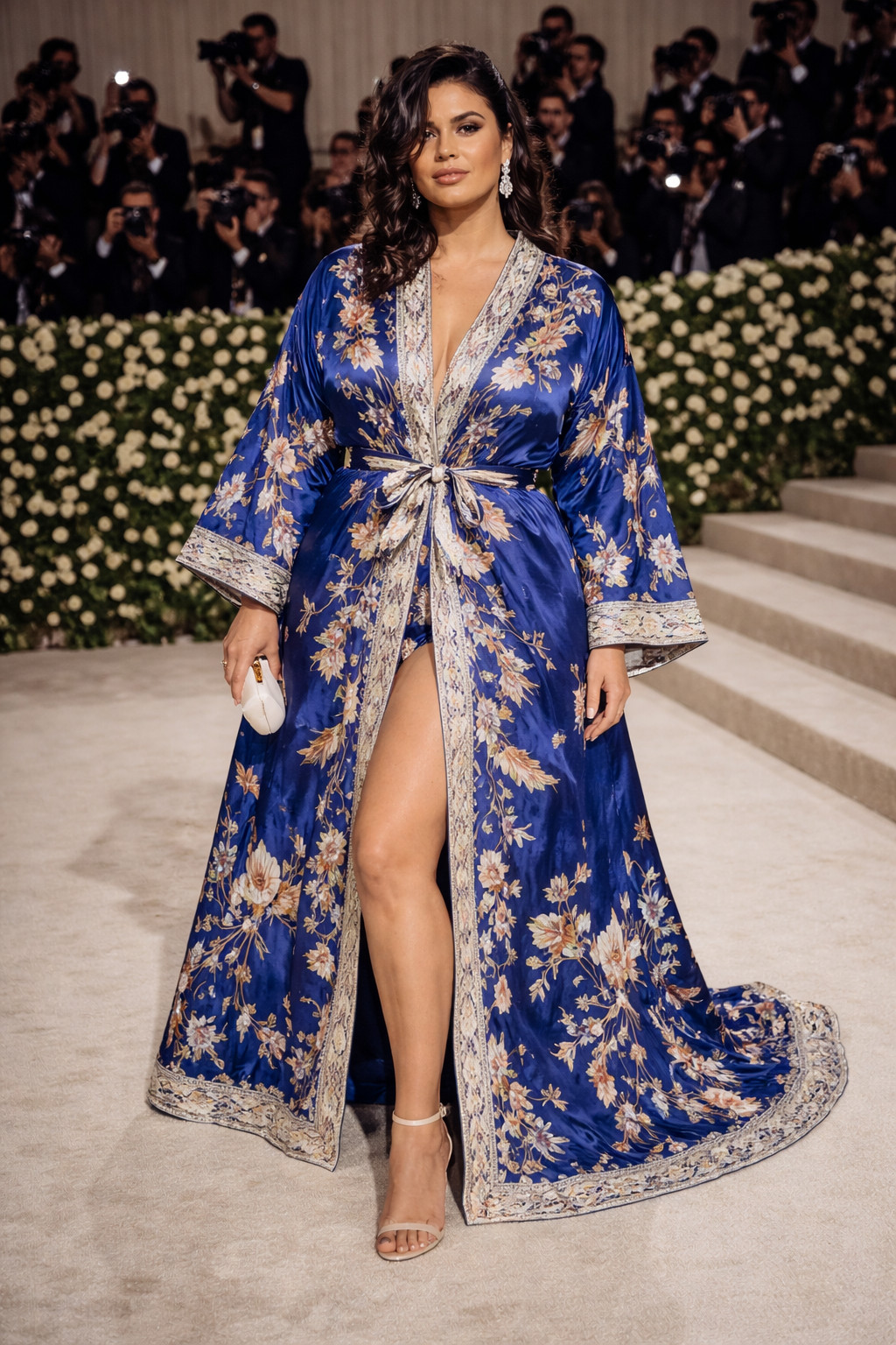 Vintage Blue Floral Kimono Robe XL – Bird Print Wrap Dress, Boho Silk STyle