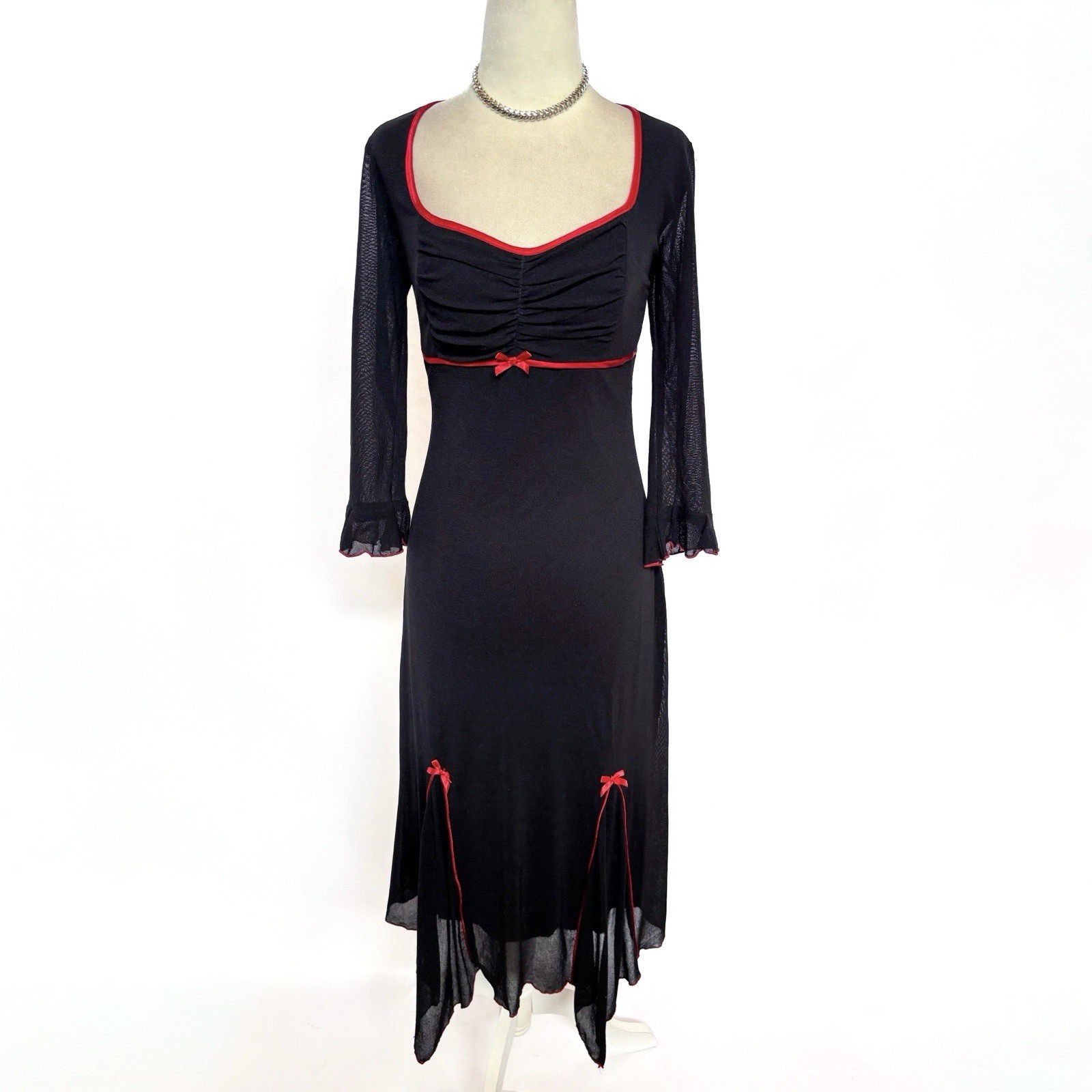 Vintage 1990’s Y2k Speechless Black & Red Bow Goth Mesh Midi Dress L