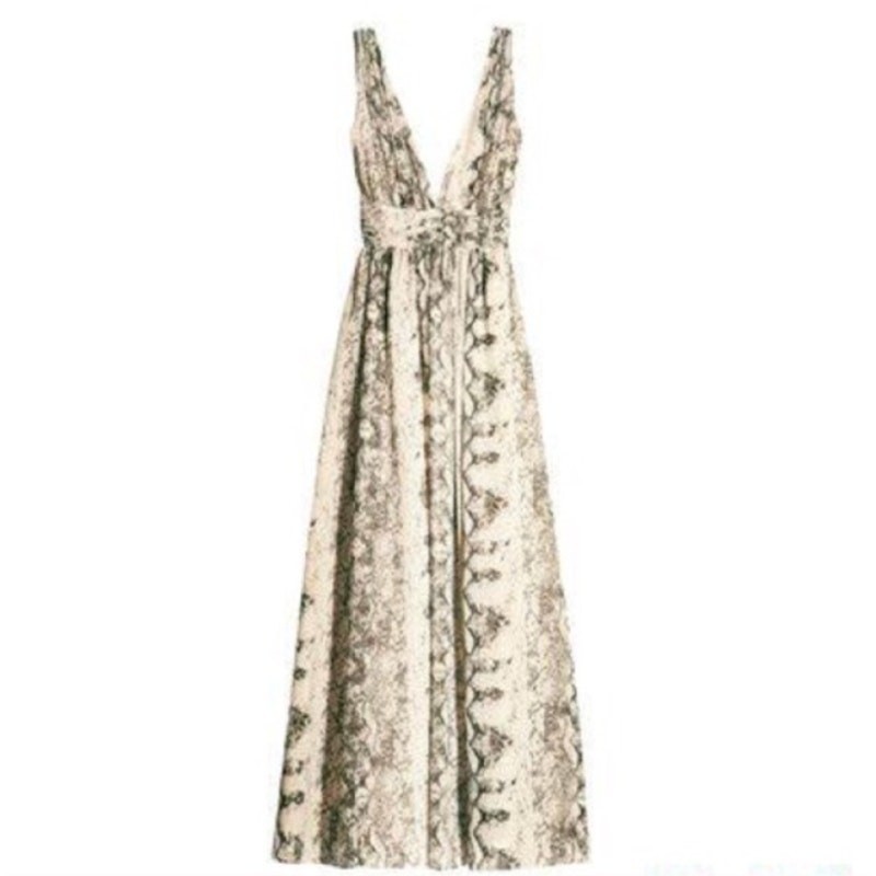 new H&M tan brown black snake print long chiffon deep v sleeveless maxi dress 4