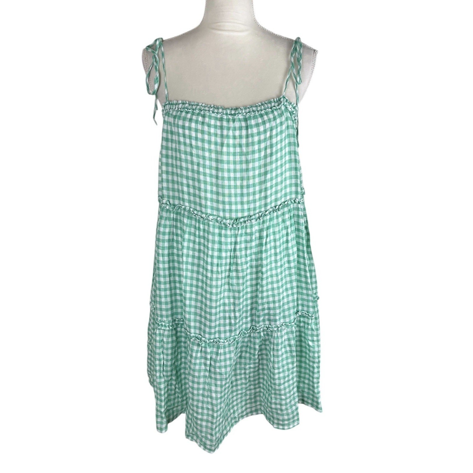 Rails Caralyn Tiered Basil Gingham Linen Casual Picnic Dress Size Large NWT