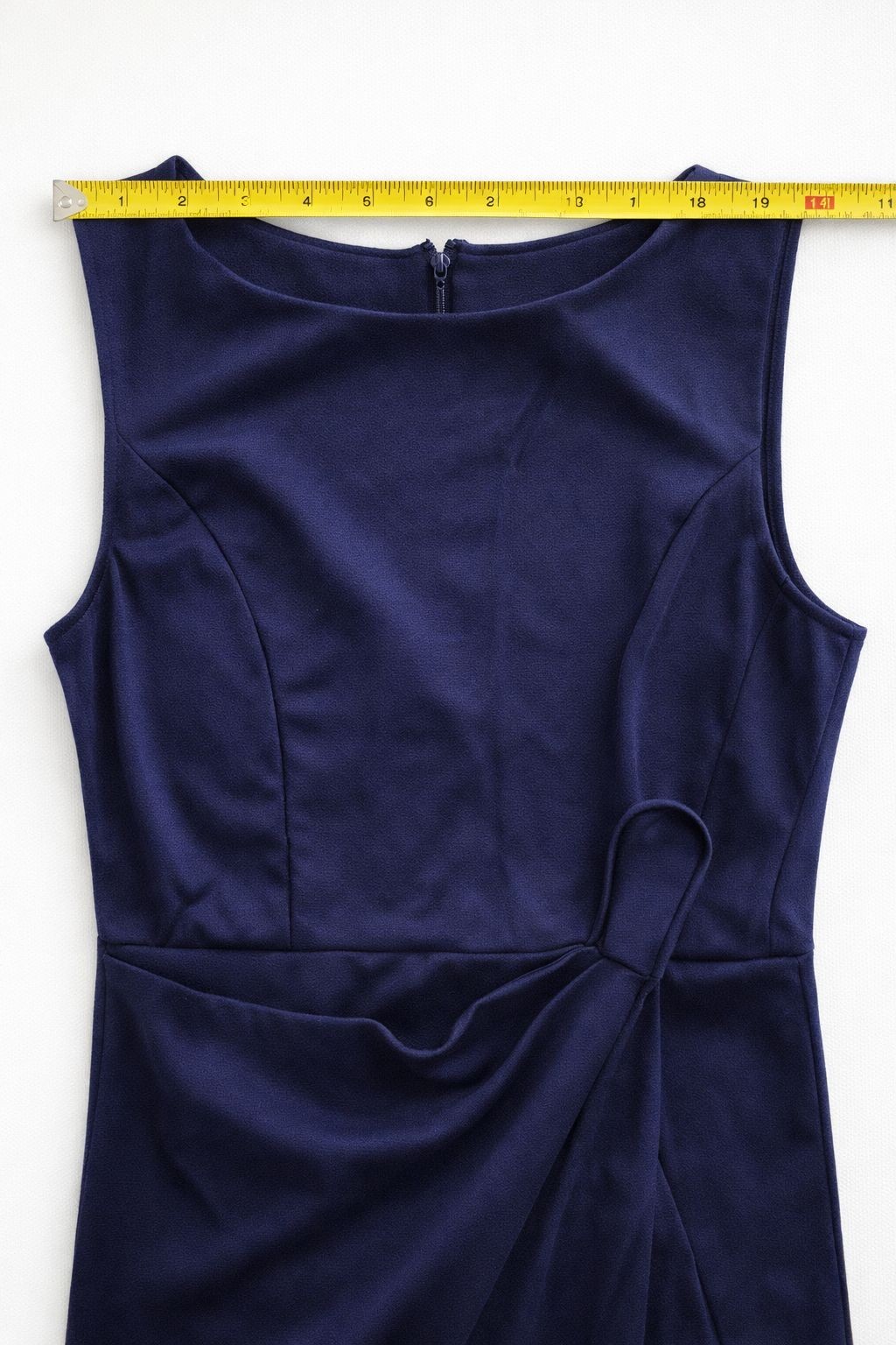 Elegant Navy Blue Sleeveless Draped Wrap Midi Dress Side Slit Lined Size M