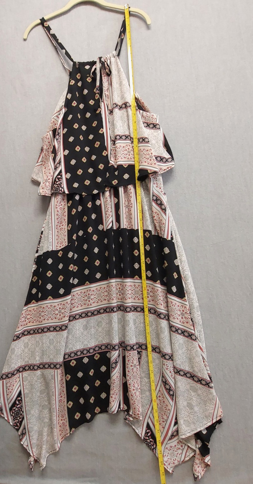 New York & Company Asymmetric Patchwork Maxi Dress M Boho Tie Neck Cape Overlay
