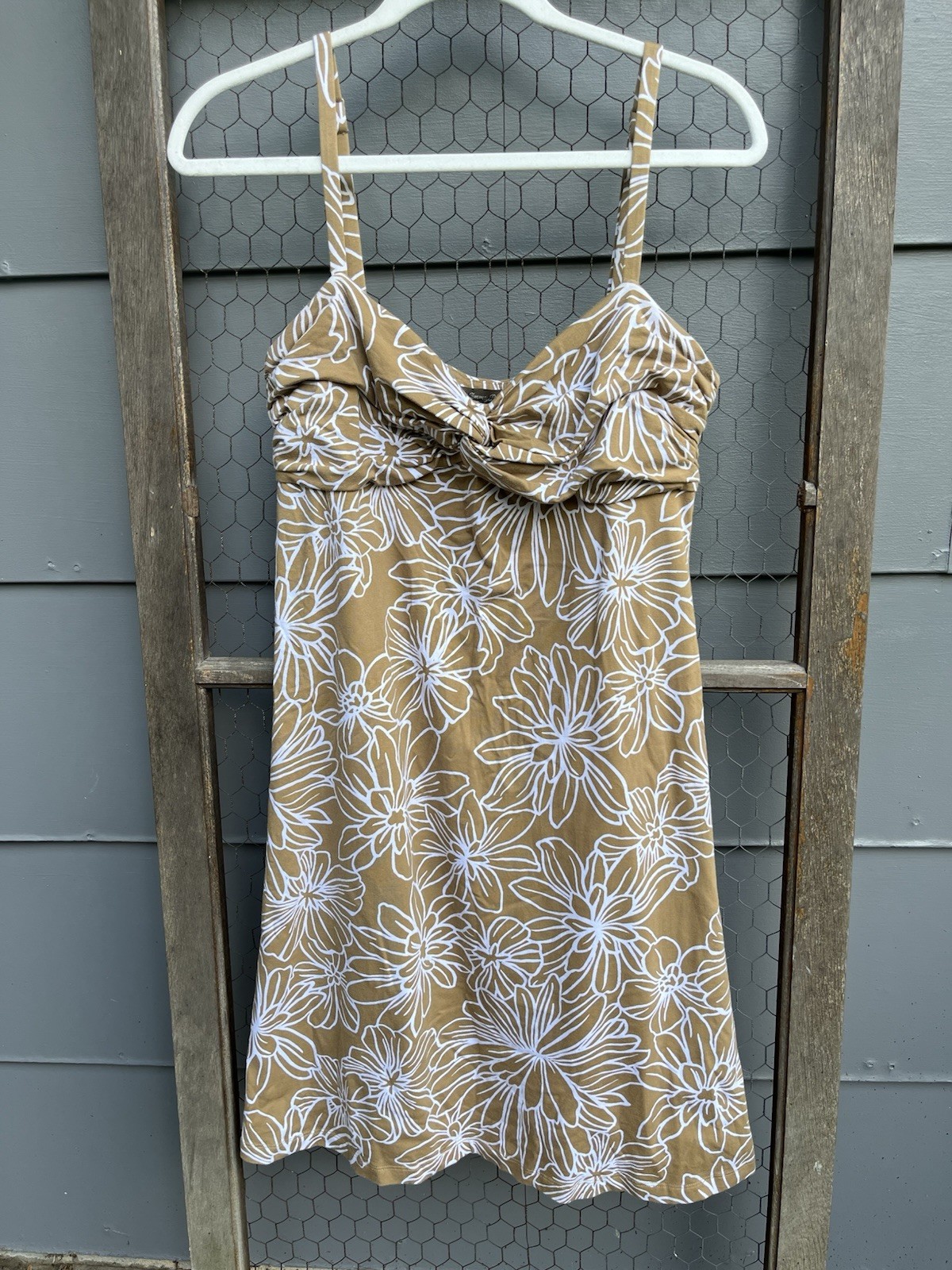 Tommy Bahama Cotton/Spandex Floral Summer Dress Knee Length Sz M Tan/White