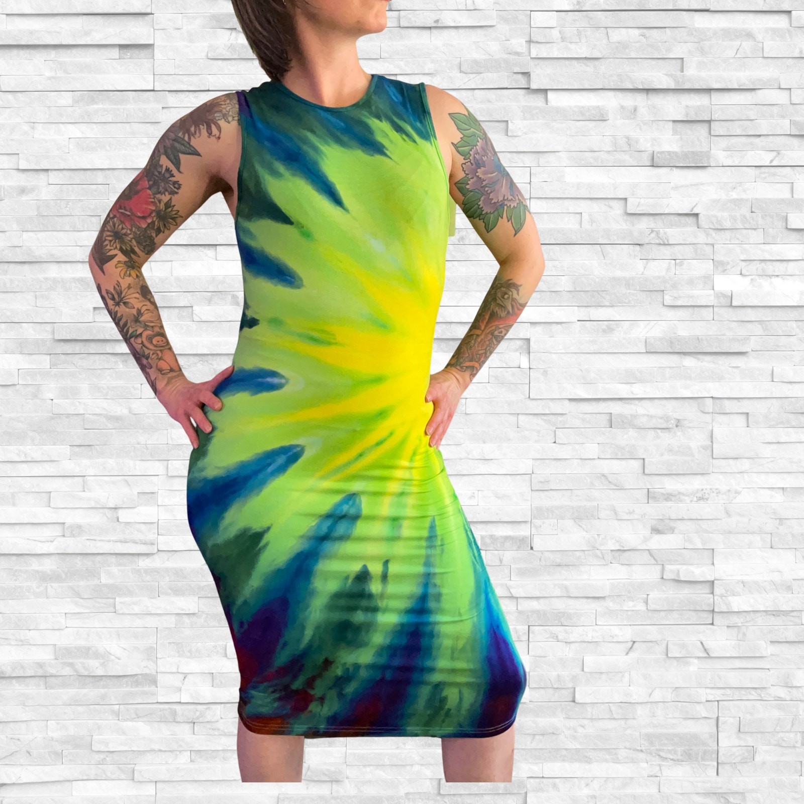 Ice Dyed Bodycon Dress – Tie Dye Tank Dress – Bright Rainbow – (Women’s Large)