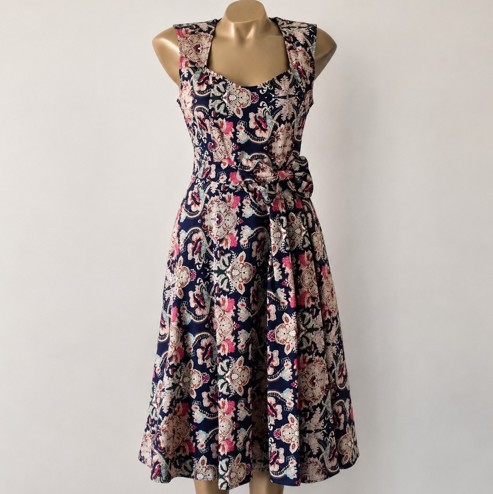 Joe Browns Gold Cream Navy Fleur De Lys Dress UK 12 Summer Boho Occasion NEW