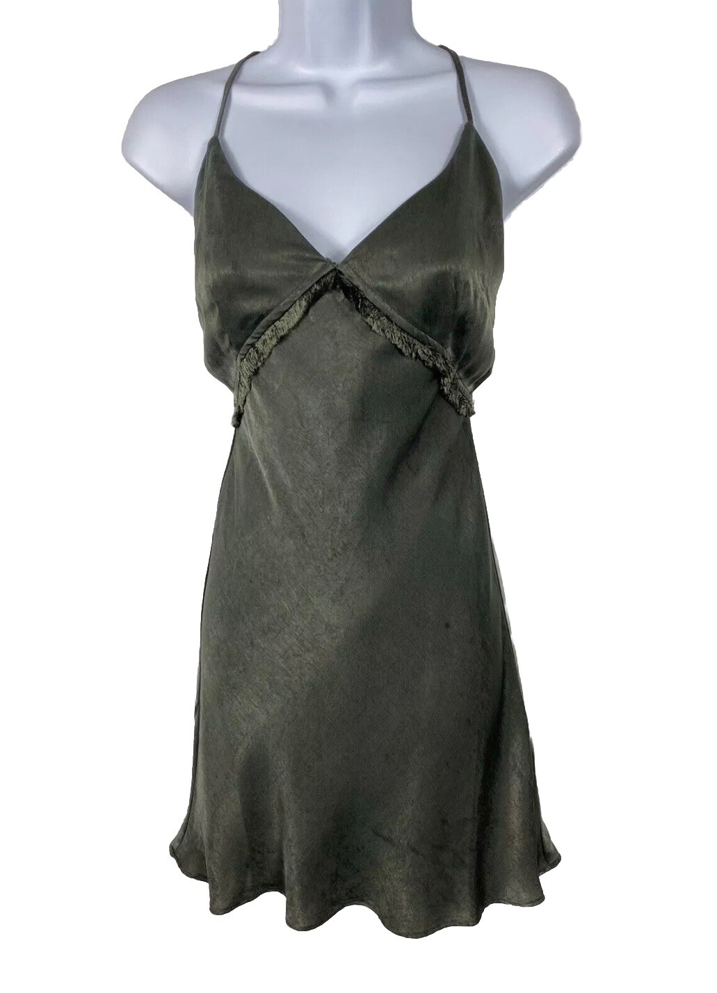 LULUS Olive Green Shiny Satin Slip Mini Dress Small Sexy Vintage Y2K 90s Holiday