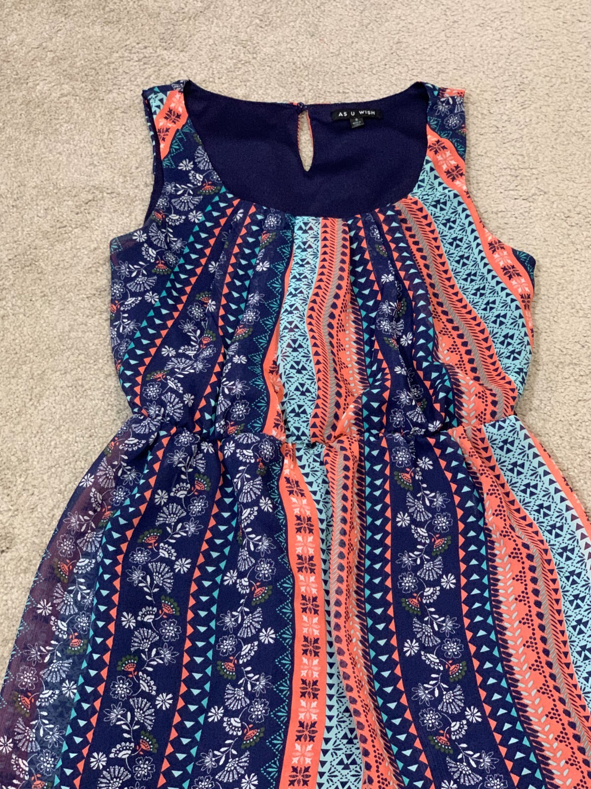 As U Wish Dress Womens Size Small Boho pattern Sleeveless Fit Flare Keyhole back