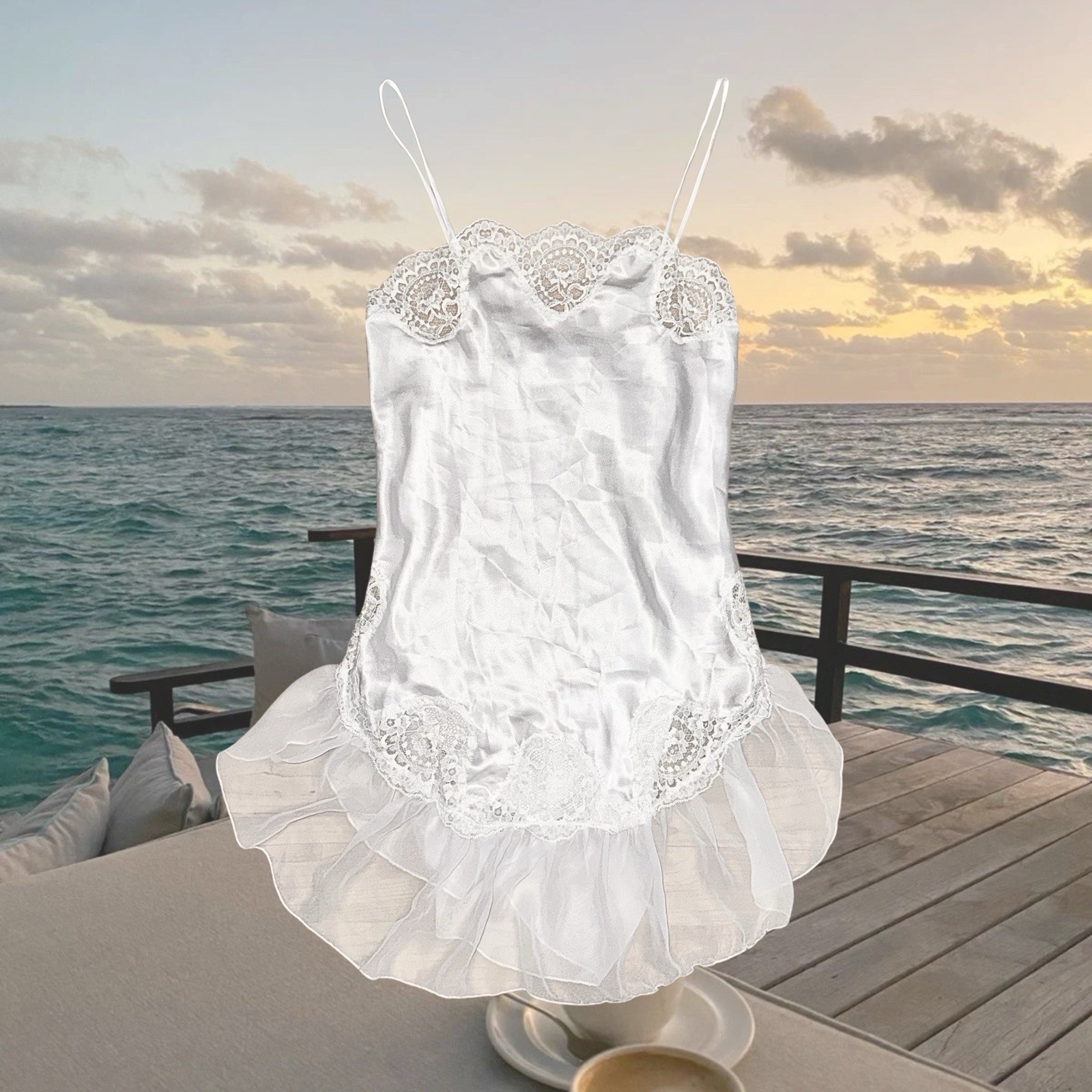 Vintage Y2K 90s Summer Party Cottage Silky White Satin Lace Ruffle Slip Dress