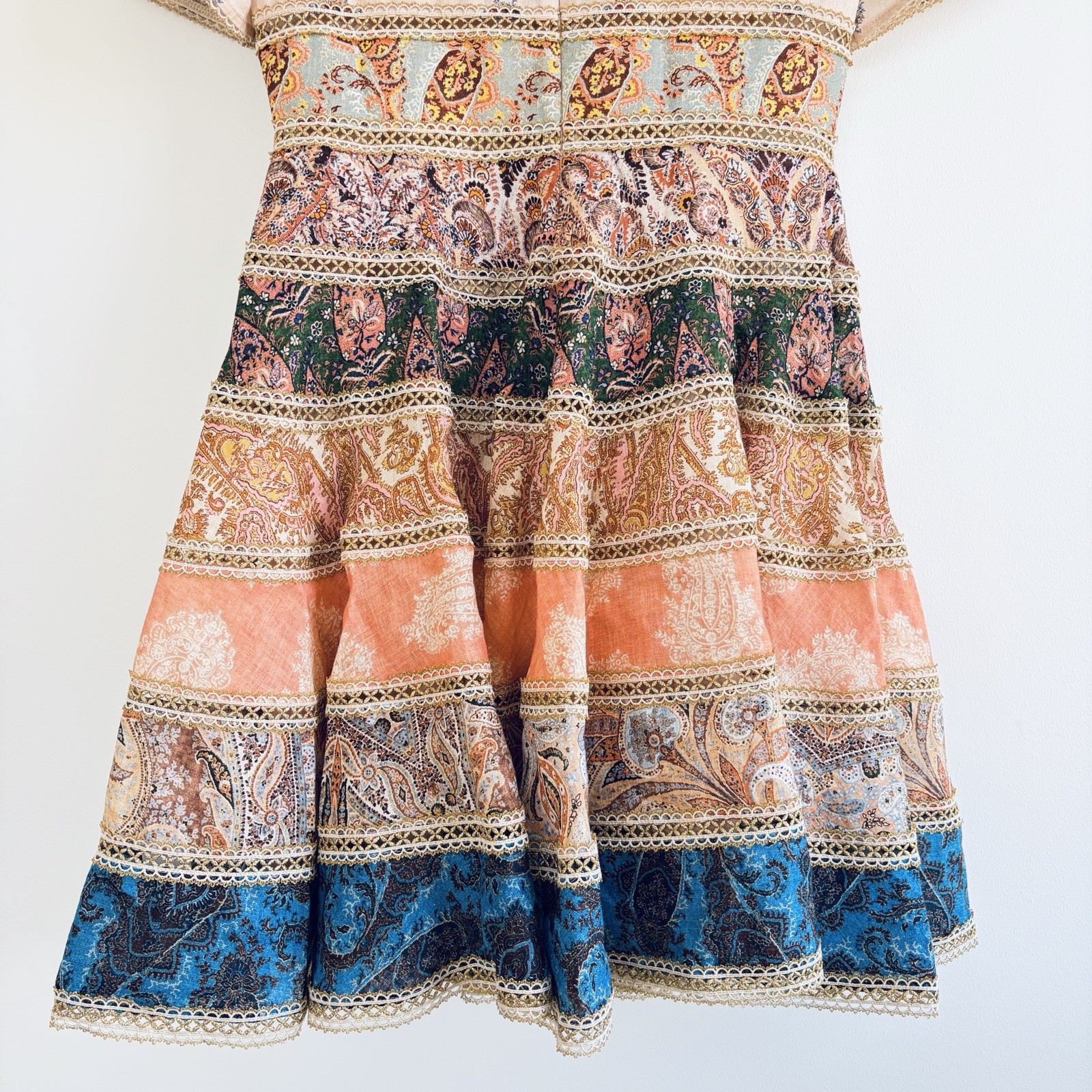 Zimmermann Devi Spliced Mini Dress Size 1/AU 10/US 8 Gold Trim Paisley Rare EUC