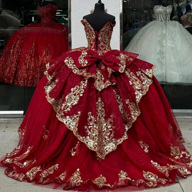 Real Pic Red Princess Luxury Party Prom Dresses Puffy Sweet 16 Sequined Applique