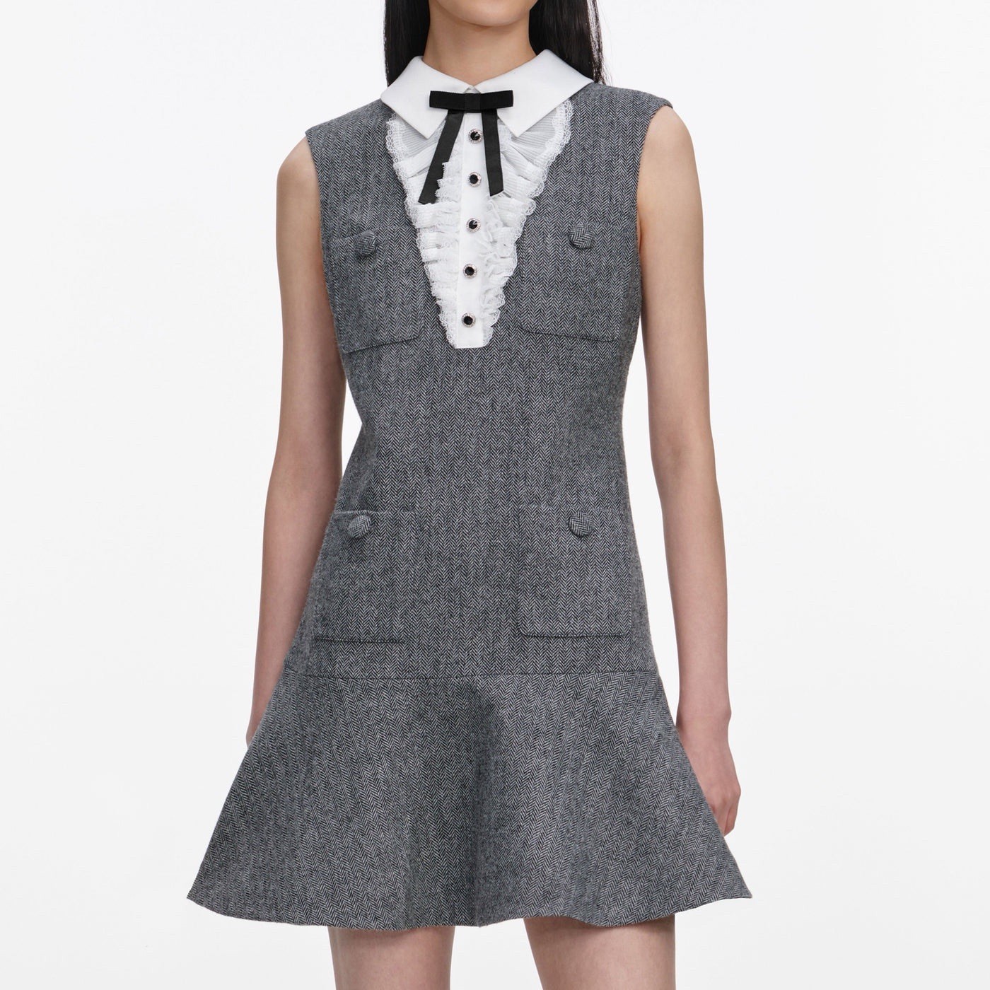 Self Portrait Mini Dress GREY HERRINGBONE LACE BIB $ 620 Size US 0 UK 4
