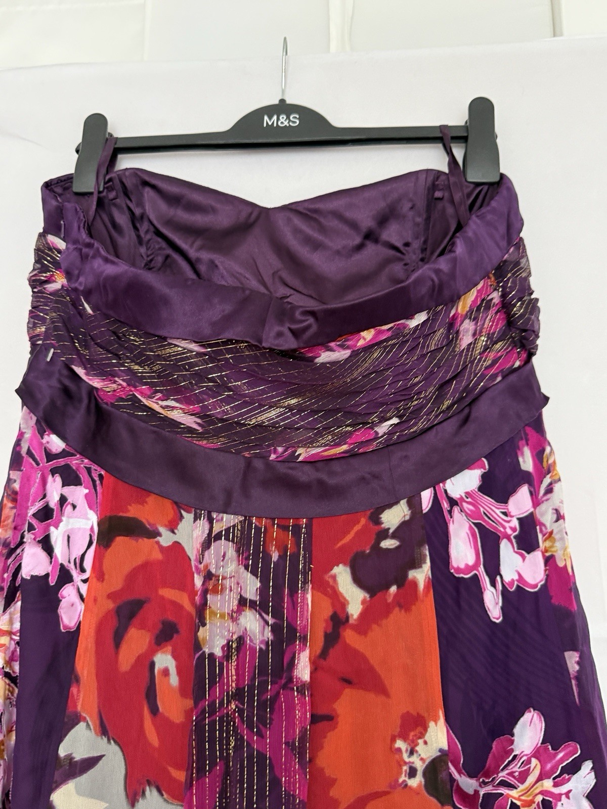 Monsoon Silk Blend Floral Strapless Tiered Maxi Dress Purple Pink Gold Size 18
