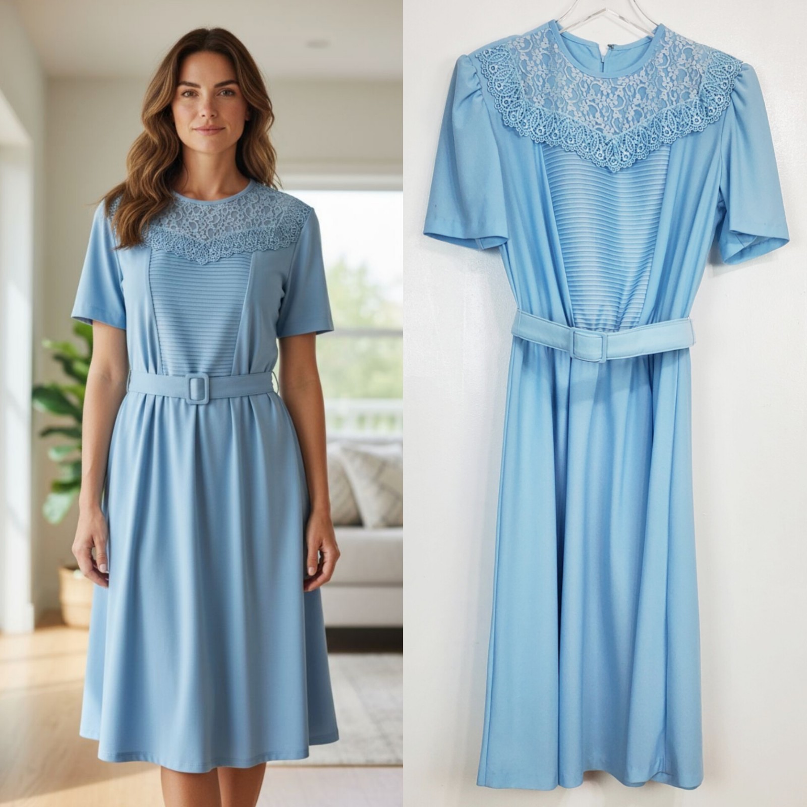 Vintage Jennifer Gee size 14 fit flare dress lace belt stretch 60s 80s fairy 70s