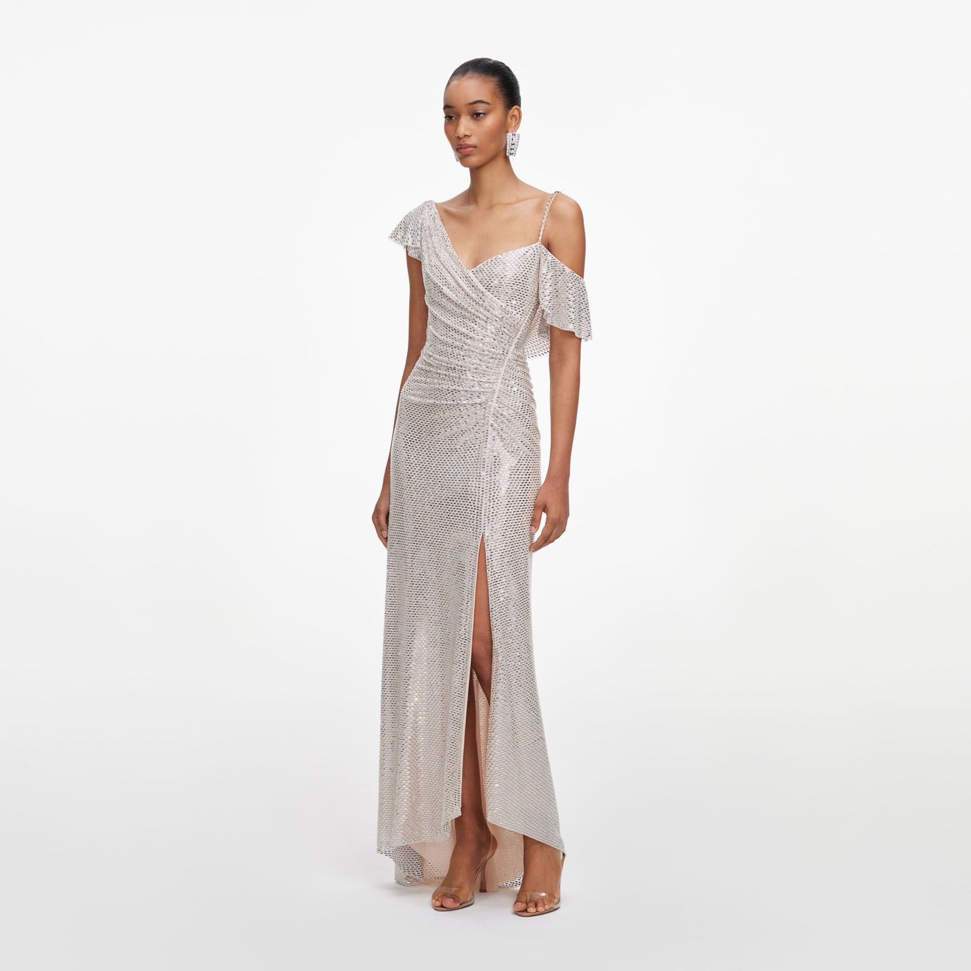 Self Portrait CHAMPAGNE RHINESTONE RUFFLE DRAPED DRESS $ 1030 Size US 0 UK 4