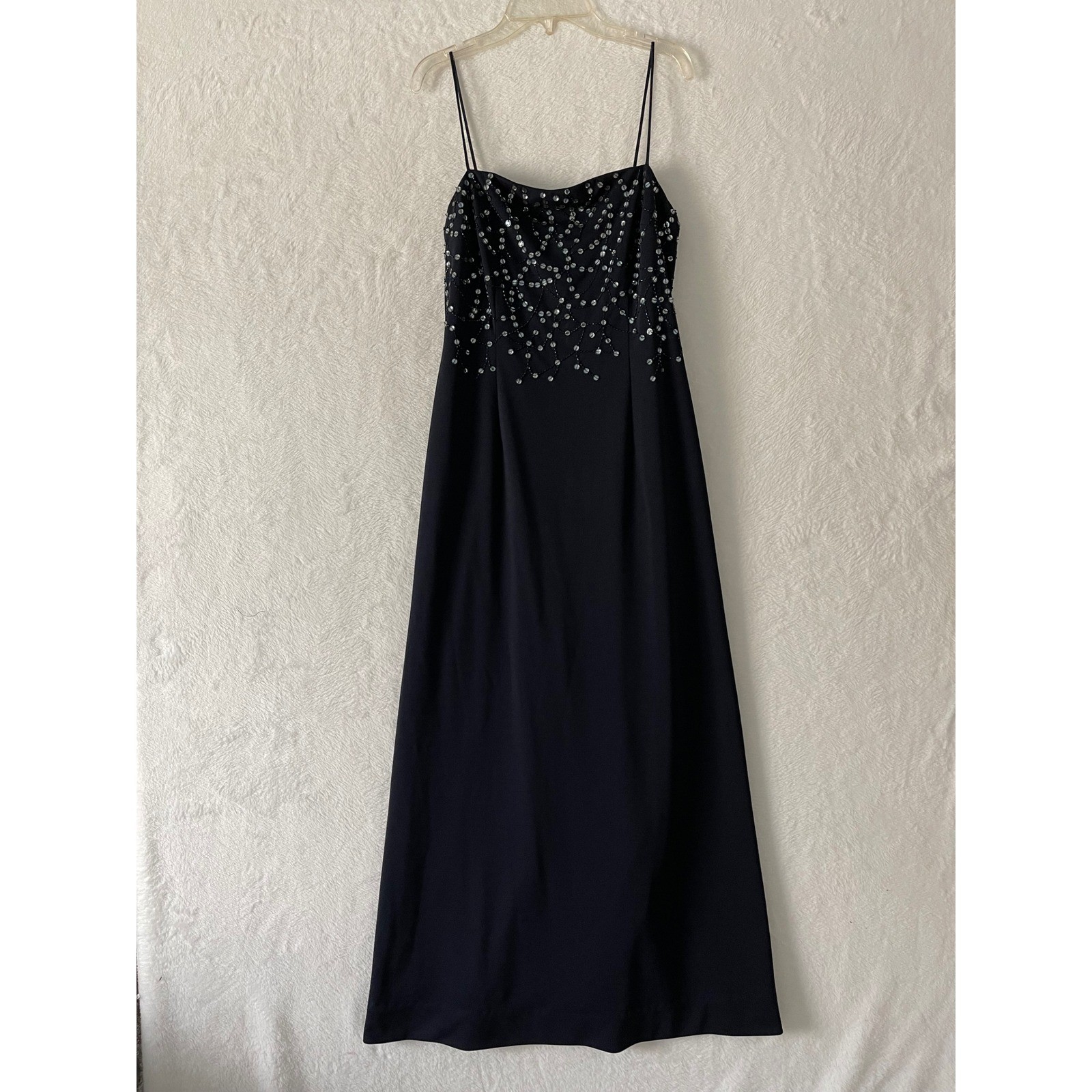 Betsy & Adam by Jaslene Navy Blue Beaded Sequin Maxi Gown Dress Sz 4