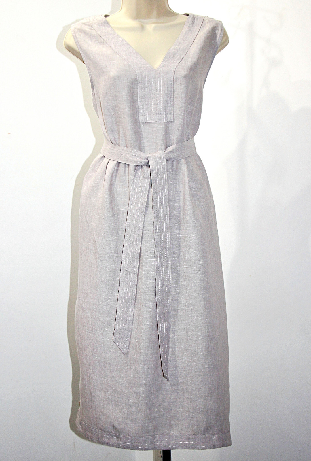 TAHARI 100%Linen Button-Side-Slits Pockets Belted Midi Dress in Light Grey sz XL