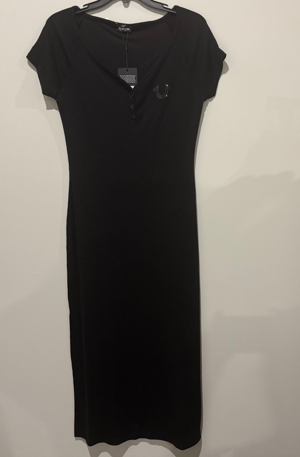 NWT True Religion Women’s Black Henley Rib Midi Short Sleeve Dress Size XL $129