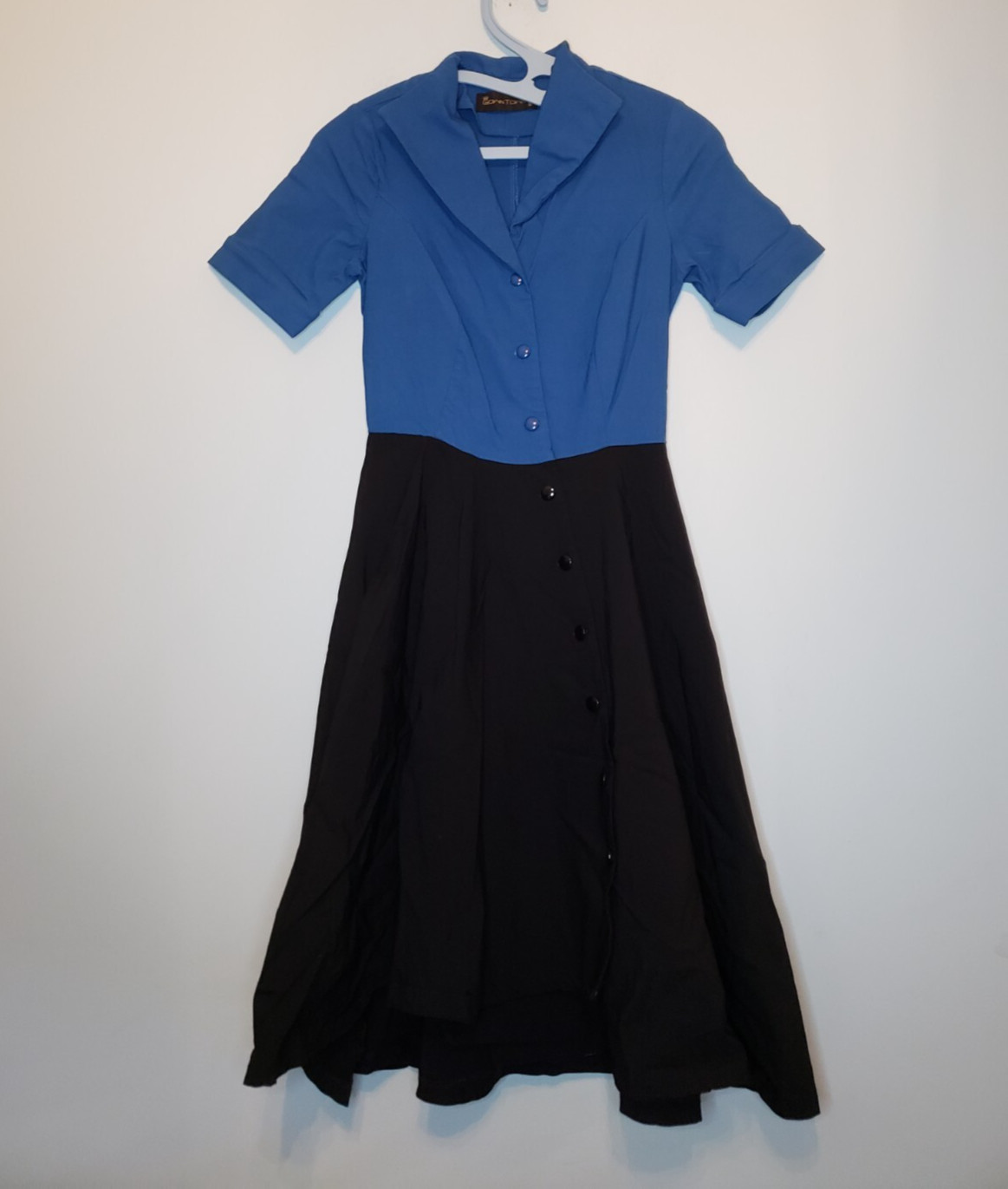 Gown Town Womens S Knee Length Dress Retro Blue Black Button Front Collar Neck