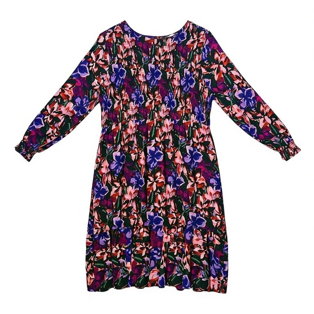 Plus Size Smocked Tiered Dark Floral Midi Dress Womens 20W 22W Cottagecore